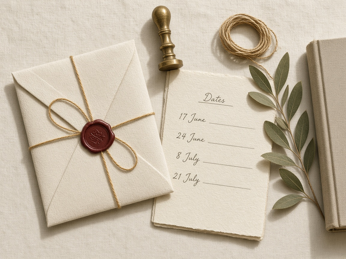 Flat lay of a linen envelope, baker's twine, a wax seal, and an open timetable on archive paper